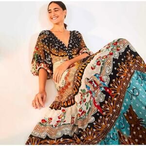 Farm Rio Forest embroidered puff sleeve maxi dress small